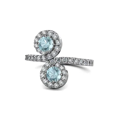 Pre-owned Trijewels Aquamarine With Side Diamond 2 Stone Bypass Engagement Ring 14k Gold Jp:89728 In G - H