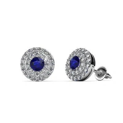 Pre-owned Trijewels Blue Sapphire And Diamond Halo Stud Earrings 0.85 Ctw 14k White Gold Jp:84577 In G-h