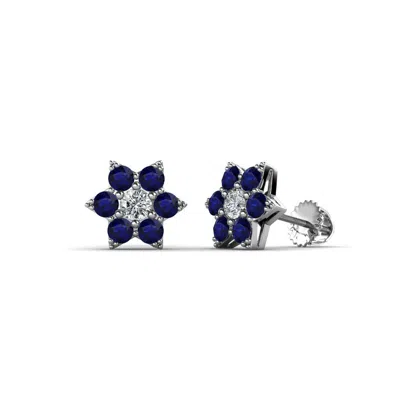 Pre-owned Trijewels Blue Sapphire & Diamond Womens Flower Stud Earrings 1/2 Ctw 14k Gold Jp:28050 In G-h