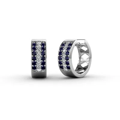 Pre-owned Trijewels Blue Sapphire Diamond Three Row Womens Hoop Earrings 1/4 Ctw 14k Gold Jp:36164