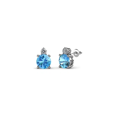 Pre-owned Trijewels Blue Topaz & Diamond Two Stone Stud Earrings 5/8 Ctw 14k Gold Jp:68964