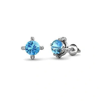 Pre-owned Trijewels Blue Topaz And Diamond Womens Stud Earrings 1.18 Ctw 14k Gold Jp:85062 In I-j