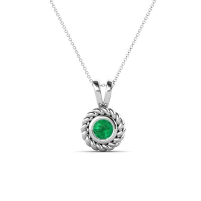 Pre-owned Trijewels Emerald 1/5 Ct Rope Edge Bezel Solitaire Necklace 14k Gold 16 " Chain Jp:223289 In Green