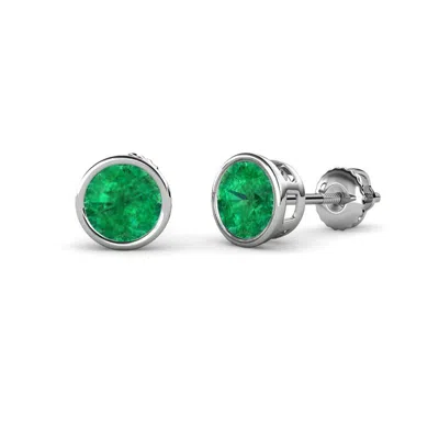 Pre-owned Trijewels Emerald 4mm Bezel Set Solitaire Womens Stud Earrings 0.40 Ctw 14k Gold Jp:64620 In Green