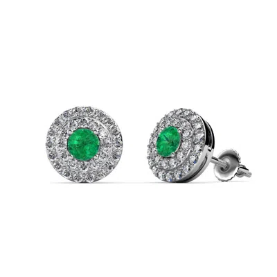 Pre-owned Trijewels Emerald And Diamond Double Halo Stud Earrings 0.80 Ctw 14k White Gold Jp:84592 In Green