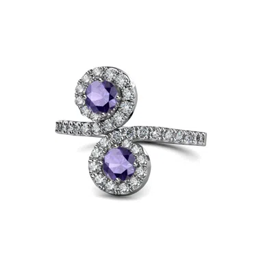 Pre-owned Trijewels Iolite With Side Diamond 2 Stone Bypass Engagement Ring 14k Gold Jp:89908 In G - H
