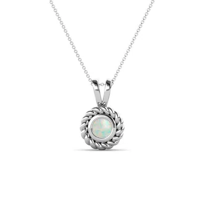 Pre-owned Trijewels Opal 1/5 Ct Rope Edge Bezel Set Solitaire Necklace 14k Gold 16 " Chain Jp:223316 In White