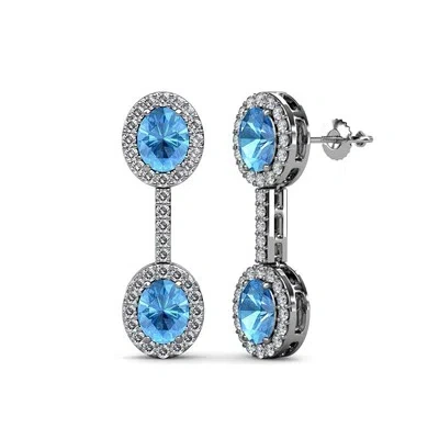 Pre-owned Trijewels Oval Blue Topaz And Diamond Dangling Earrings 2.00 Ctw In 14k Gold Jp:69719 In G - H