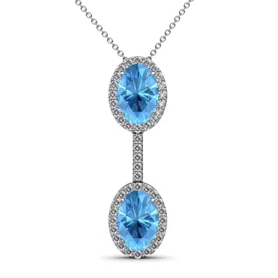 Pre-owned Trijewels Oval Blue Topaz Diamond Women Halo Slider Pendant Necklace 14k Gold Jp:109951 In G-h