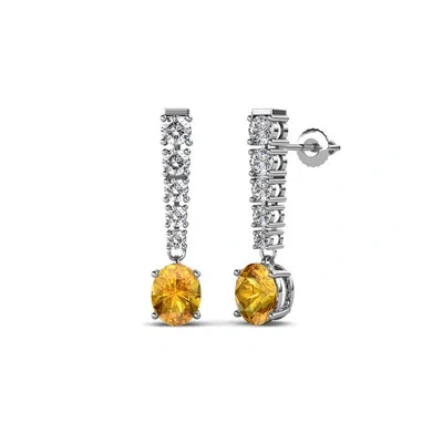 Pre-owned Trijewels Oval Citrine And Diamond Dangling Earrings 1.19 Ctw In 14k Gold Jp:69024 In G - H
