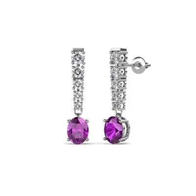 Pre-owned Trijewels Oval Cut Amethyst & Diamond Drop And Dangle Earrings 1.19 Ctw 14k Gold Jp:69021 In Purple