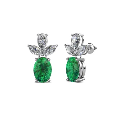 Pre-owned Trijewels Oval Emerald & Diamond Dangling Stud Earrings 1.91 Ctw In 14k Gold Jp:67652 In G - H