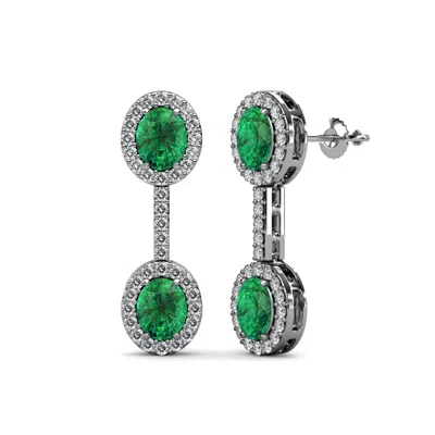 Pre-owned Trijewels Oval Emerald & Diamond Halo Dangling Earrings 1.61 Ctw In 14k Gold Jp:69731 In G - H