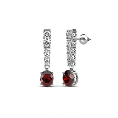 Pre-owned Trijewels Oval Red Garnet And Diamond Dangling Earrings 1.34 Ctw In 14k Gold Jp:69033