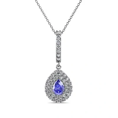 Pre-owned Trijewels Pear Cut Tanzanite & Diamond Womens Halo Pendant 0.55 Ctw 14k Gold 18" Jp:86686 In I-j