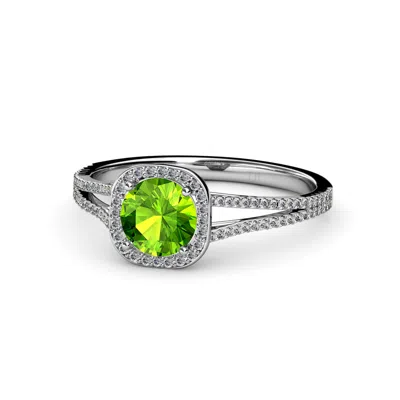 Pre-owned Trijewels Peridot And Diamond Halo Engagement Ring 1.35 Ctw In 14k Gold Jp:56904 In G - H