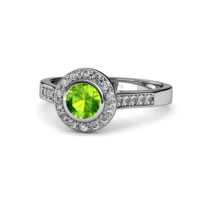 Pre-owned Trijewels Peridot And Diamond Halo Engagement Ring 1.46 Ctw In 18k Gold Jp:54264 In G - H