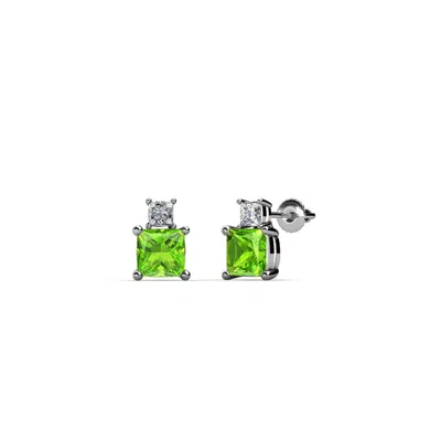 Pre-owned Trijewels Peridot And Diamond Two Stone Womens Stud Earrings 0.70 Ctw 14k Gold Jp:68138 In Green
