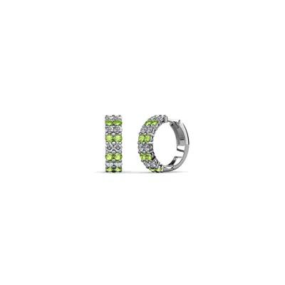 Pre-owned Trijewels Petite Peridot And Diamond 5/8 Ctw Double Row Hoop Earrings 14k Gold Jp:71290 In G-h
