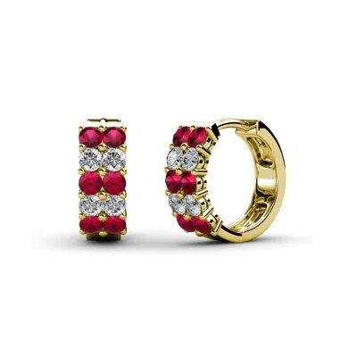 Pre-owned Trijewels Petite Ruby & Diamond Double Row Hoop Earrings 0.62 Ctw 14k Gold Jp:69954 In G - H