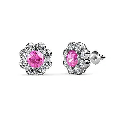 Pre-owned Trijewels Pink Sapphire Diamond Floral Halo Stud Earrings 2.55 Ctw 14k Gold Jp:69228