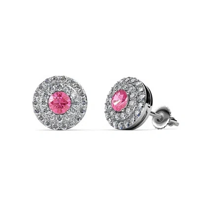 Pre-owned Trijewels Pink Tourmaline And Diamond Halo Stud Earrings 0.80 Ctw 14k White Gold Jp:84544