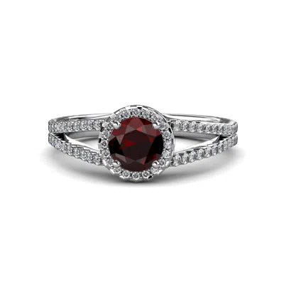 Pre-owned Trijewels Red Garnet & Diamond Halo Engagement Ring 1.43 Cttw In 18k Gold Jp:54534