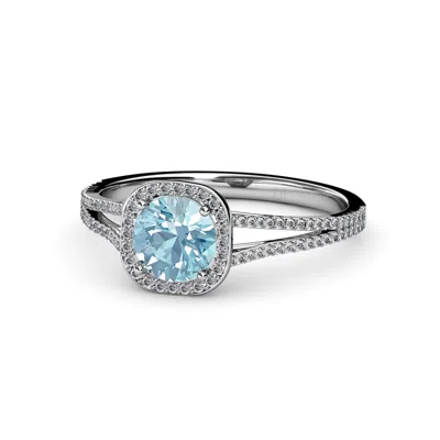 Pre-owned Trijewels Round Aquamarine Diamond Women Halo Engagement Ring 14k Gold Jp:56886 In Blue