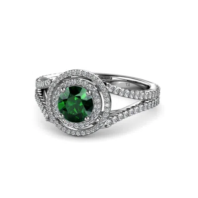 Pre-owned Trijewels Round Emerald Diamond Double Women Halo Engagement Ring 14k Gold Jp:56744 In Green