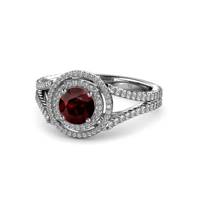 Pre-owned Trijewels Round Red Garnet Diamond Double Women Halo Engagement Ring 14k Gold Jp:56738