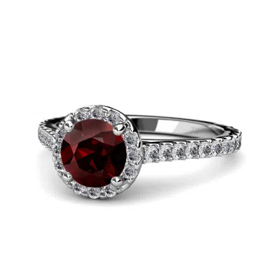 Pre-owned Trijewels Round Red Garnet Diamond Women Halo Engagement Ring 14k Gold Jp:56007