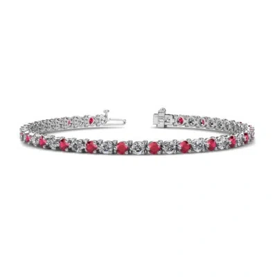 Pre-owned Trijewels Ruby & Diamond 3-prong Tennis Bracelet 5.45 Ctw In 14k White Gold Jp:124793 In H-i
