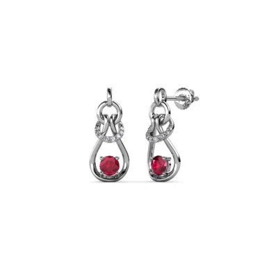 Pre-owned Trijewels Ruby & Diamond 3/8 Ctw Love Knot Dangling 14k Gold Jp:150302 In Red