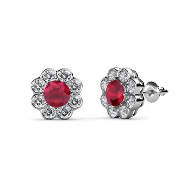 Pre-owned Trijewels Ruby And Diamond Floral Halo Stud Earrings 2.50 Ctw In 14k Gold Jp:69219 In G - H