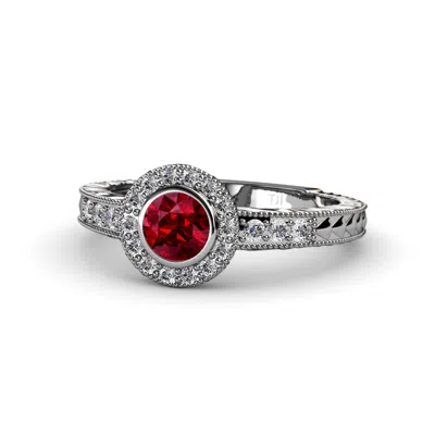 Pre-owned Trijewels Ruby & Diamond Milgrain Halo Engagement Ring 0.77 Ctw In 14k Gold Jp:54956 In G - H