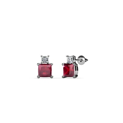 Pre-owned Trijewels Ruby And Diamond Two Stone Womens Stud Earrings 0.64 Ctw 14k Gold Jp:68156 In Red