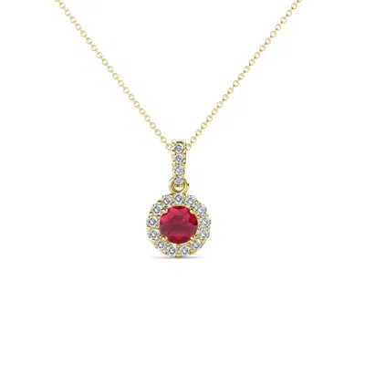 Pre-owned Trijewels Ruby And Diamond Womens Halo Necklace 1/2 Ctw 14k Gold 18" Chain Jp:66857 In Red