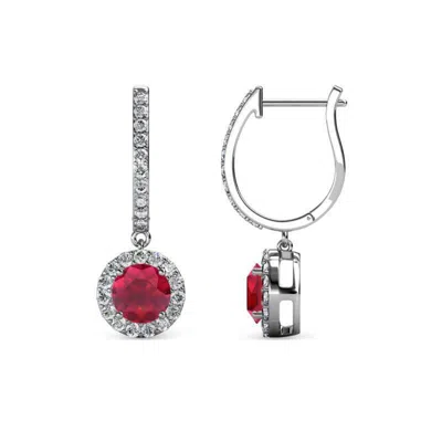Pre-owned Trijewels Ruby Diamond Womens Halo Drop And Dangle Earrings 1 1/2 Ctw 14k Gold Jp:180242 In Red