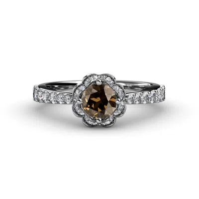 Pre-owned Trijewels Smoky Quartz & Diamond (si2-i1, G-h) Floral Halo Engagement Ring 14k Gold In G - H