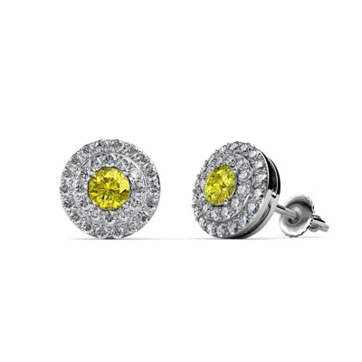 Pre-owned Trijewels Yellow And White Diamond Halo Stud Earrings 0.80 Ctw 14k White Gold Jp:84604