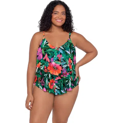 Trimshaper Ronnie 2 Tier Ruffle Plus Size Tankini Swimsuit Top In Multi