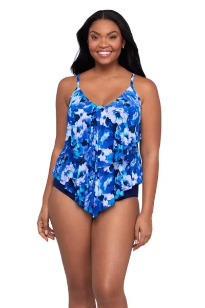 Trimshaper Ronnie 2 Tier Ruffle Tankini Swimsuit Top In Blue