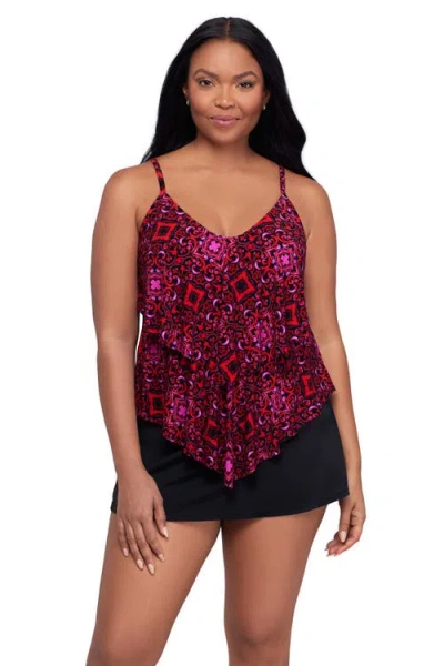 Trimshaper Ronnie 2 Tier Ruffle Tankini Swimsuit Top In Burgundy