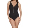 Trimshaper Zoe Zip Front Shirred One Piece Swimsuit In Black In Black