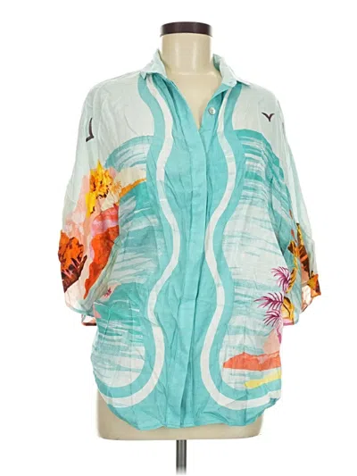Pre-owned Trina Turk 3/4 Sleeve Button Down Shirt In Teal