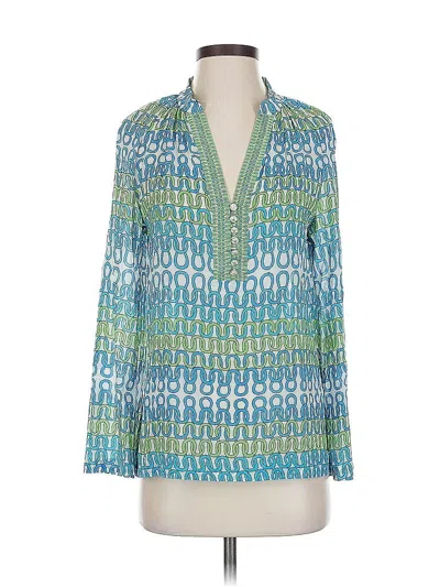 Pre-owned Trina Turk 3/4 Sleeve Silk Top Blue Plunge Neckline Tops