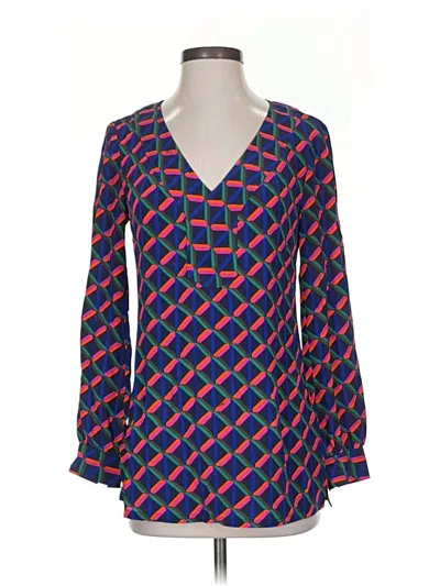 Pre-owned Trina Turk 3/4 Sleeve Silk Top Blue Plunge Neckline Tops