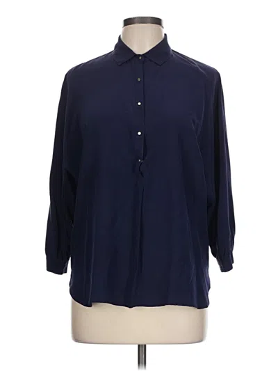 Pre-owned Trina Turk 3/4 Sleeve Silk Top Blue Solid Pattern Collared Neckline Tops