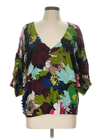 Pre-owned Trina Turk 3/4 Sleeve Silk Top Green Plunge Neckline Tops