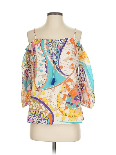 Pre-owned Trina Turk 3/4 Sleeve Silk Top Yellow Cold Shoulder Neckline Tops